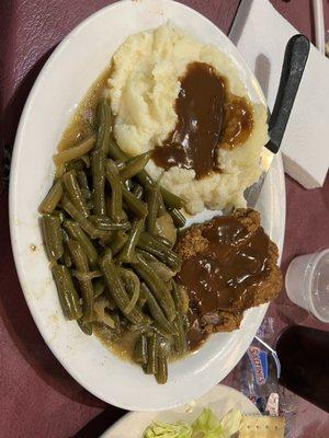 Fantastic. Country Fried Steak with mash potatoes and green beans meal also included Greek salad!