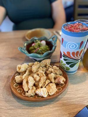 Chicharon with guacamole and an horchata