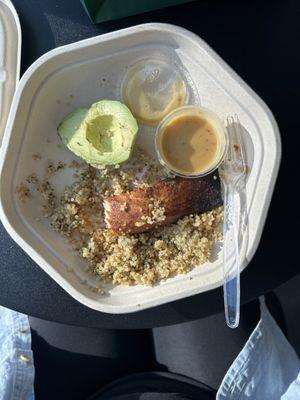 Avocado, salmon, quinoa and hot honey sauce.