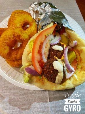 falafel on pita with onion rings