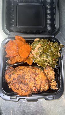 Stuffed chicken breast, collard greens, & sweet potatoes