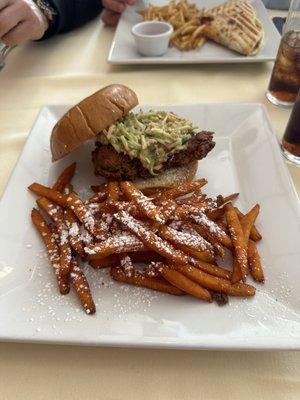 Buttermilk crispy chicken sandwich with an Asian slaw and sweet potato fries!!