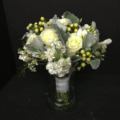 Bride bouquet of white flowers & dusty greens