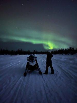 Snow machine, aurora, snow, northern lights.