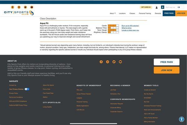 City Sport's website description of their aqua aerobic class. Note the pool temperature.