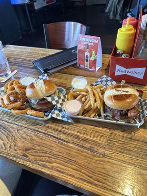 Black and bleu burger (right), mushroom and Swiss burger (left)