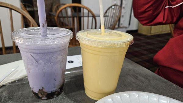 Lavender bubble tea (left) and Mango Lassi (right)