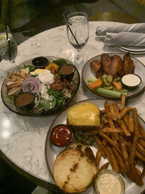 Cobb salad, turkey burger and wings