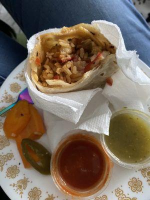 (Leftovers) shrimp and crab burrito with hot sauce and carrots+jalapeno