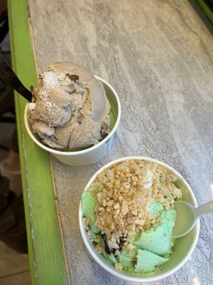 Pistachio ice cream single scoop and pistachio and maple nut