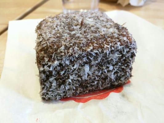 Nana Macs Lamington- sponge cake, chocolate, and coconut