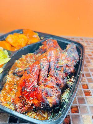 Jerk Wing Dinner,  Candied Yams Cabbage