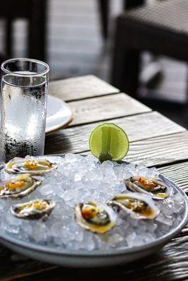 Oysters topped with herbs from the garden