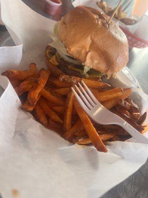 Buffalo fries and burger