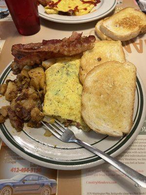 Western Omelet, Home fries, Italian bread and an extra side of bacon