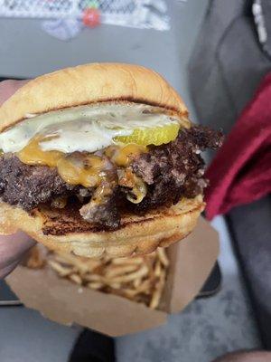 Cheddar Ranch smash burger with onion straws. Amazing!!!!