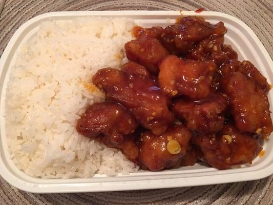 General Tso Chicken and white rice. First time I've ever seen it prepared without broccoli.