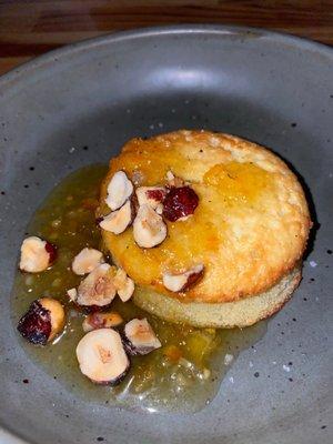 pecorino cake with citrus preserves, fennel dulce de leche and candied hazelnuts