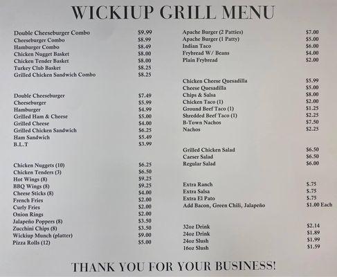 Menu as of April 27, 2022