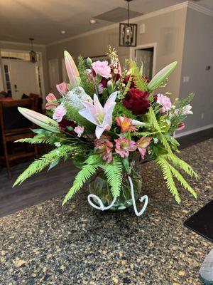 Wife's beautiful and beachy birthday flowers from blossom and basket.