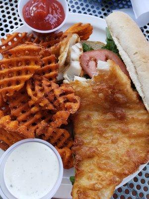 walleye sandwich with sweet potato fries