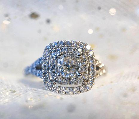 The 'Marianna' glamour-inspired round multi-halo engagement ring. All stones set in a 14k white gold design.