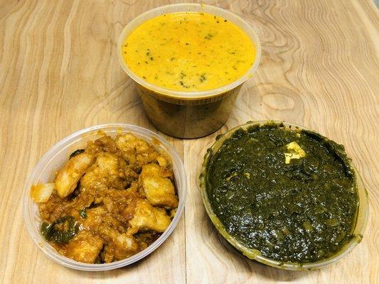 Chicken Tikka Masala (top), Chili Chicken (BL), and Palak Paneer (BR)