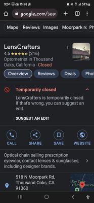 Temporary closed Lenscrafters