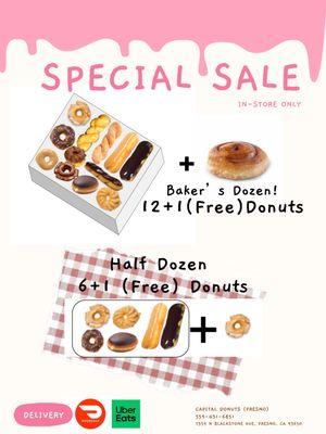 Assorted Baker's Dozen Donuts and Assorted Half Dozen Donuts with a free additional Donut.