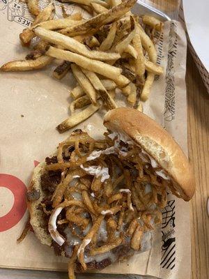 Mushroom Swiss Burger - Certified Angus Beef®, Swiss Cheese, Sautéed Mushrooms, Fried Onion Strings, Real Mayo, Non-GMO Potato Bun