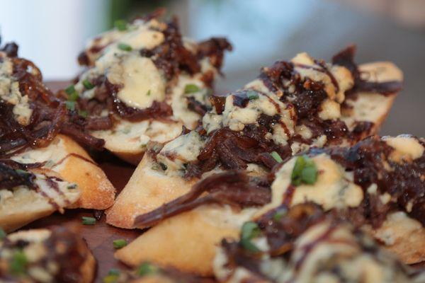 Beef & Blue Cheese Crostinis w/ Caramelized Onions & Balsamic Reduction