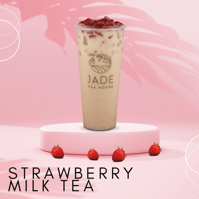 Strawberry Milk Tea! 

Fruity, creamy, and smooth. Made with Oolong Milk Tea, Strawberry Puree, and topped with Strawberry Chunks.