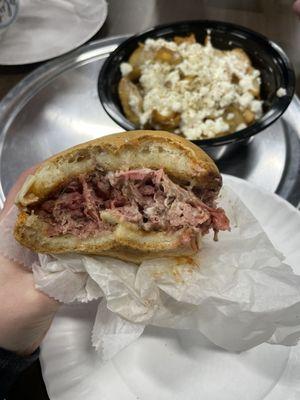 Gluten free roast beef three way with Greek fries