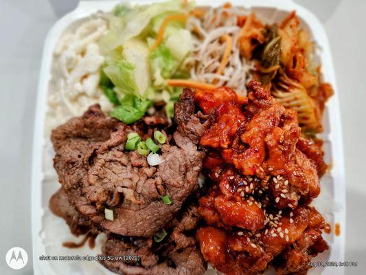 Yang Nyum Chicken + BBQ Beef combo plate w/ 4 sides + white rice