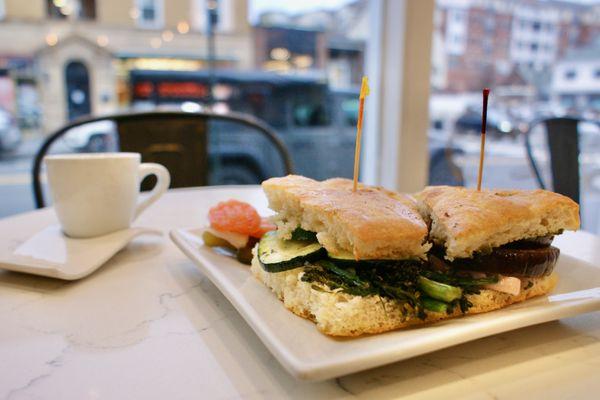 Roasted marinated vegetable sandwich on focaccia with espresso