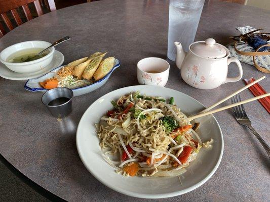 Yakisoba with miso soup plus springs rolls and tea.