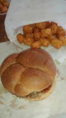 Jumbo mushrooms bacon swiss burger with tots and a rootbeer