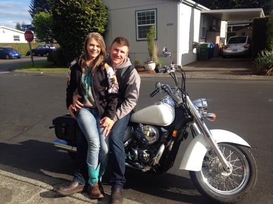 My wife and I on the Honda shadow 750 I bought from motorcycle warehouse.