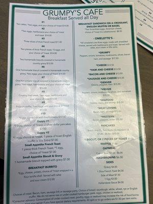 Breakfast menu as of Sept 2023