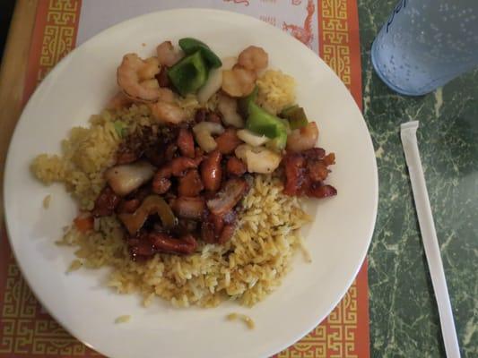 Fried rice shrimp & teriyaki chicken.