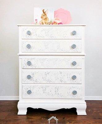 Perfectly imperfect dresser. Vanilla Frosting and stamped in Elegance. Sealed for durability.