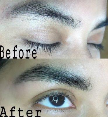 Before & after pictures of brow lamination & tint.