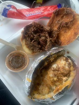 Chop beef sandwich and bake potato