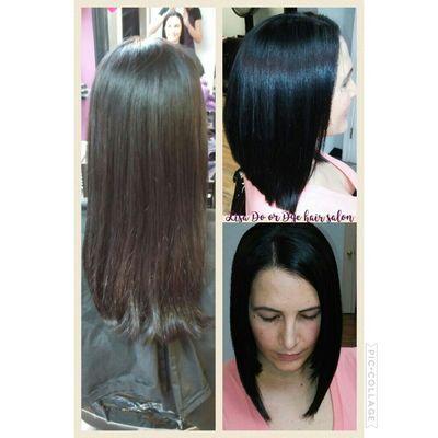 Lisa's Before and after angled lob hair cut.