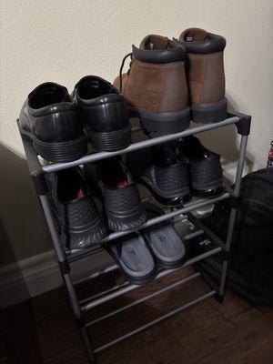 New shoe rack for my new pair of waterproof boots, sandals, composite toe work shoes, dress shoes, and sport shoes.