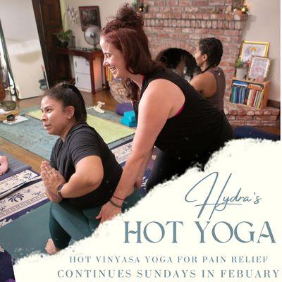 Hot Yoga for Pain Relief continues Sundays in Feb. Using the 26&2 for relief of upper body and lower body pain points.