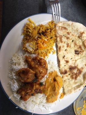 Steamed Basmati Rice, Garlic Chicken, Naan Bread, and Chicken Tikka Masala