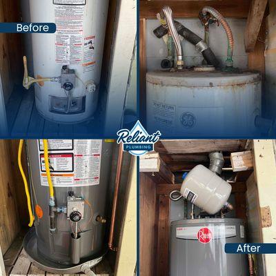 Before and after of a residential 40 gallon, gas water heater replacement.