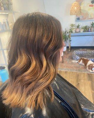 Women's bronze- golden hair color and womens long bob haircut with texture.
 #eugenehairstylist
 #eugenehairsalons