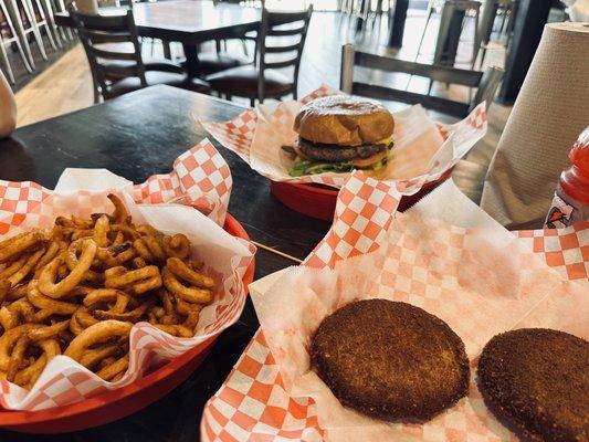 Curly Fries Crab Cakes Monday Burger